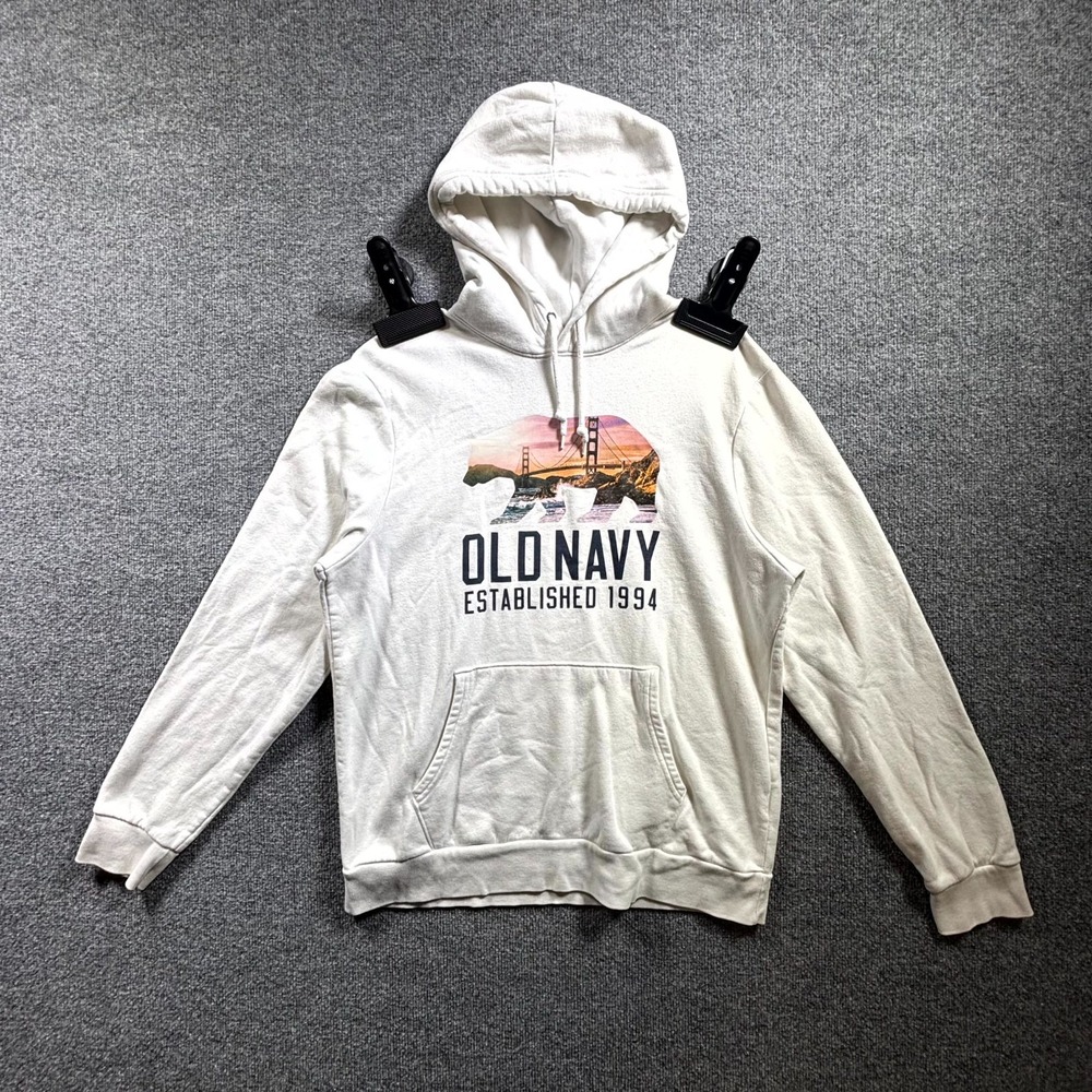Old Navy Hoodie Men's L White Golden Gate Bridge Graphic Kangaroo Pocket Skater
